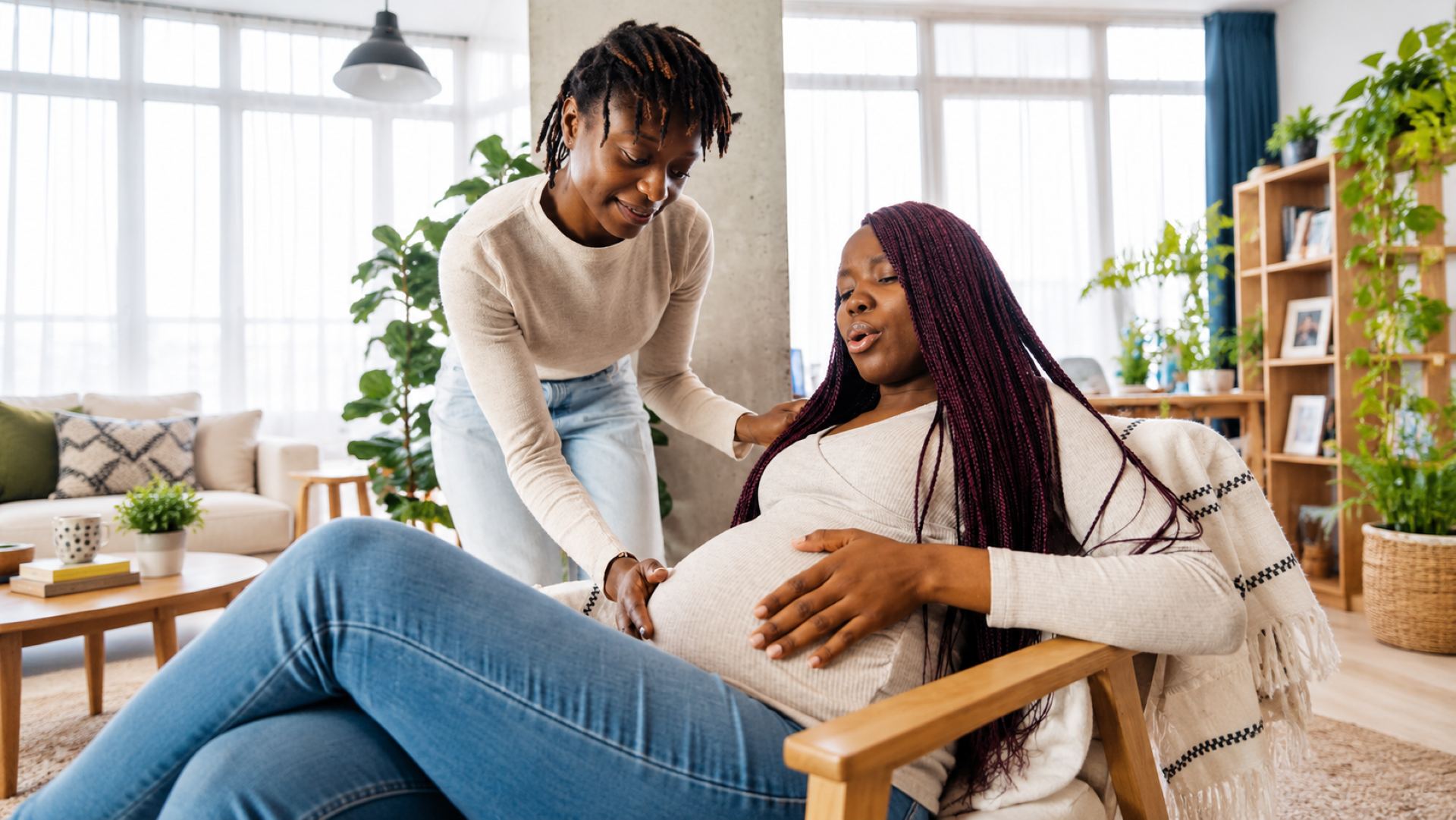 a mother having contractions in a chair with support